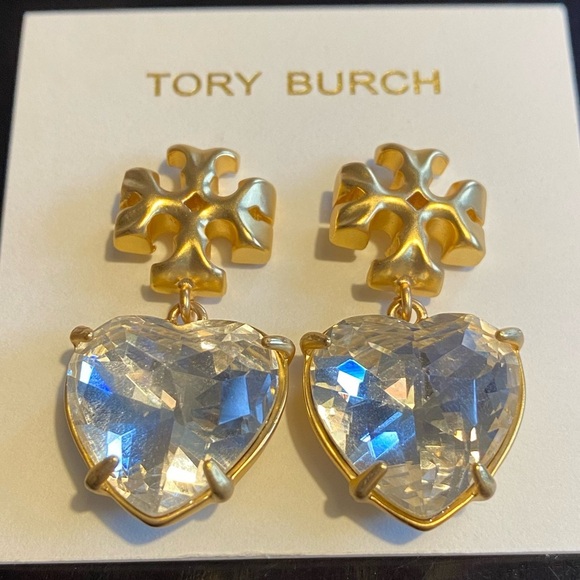 Tory Burch Kira Crystal faceted heart drops hanging from TB logo studs - Picture 9 of 10